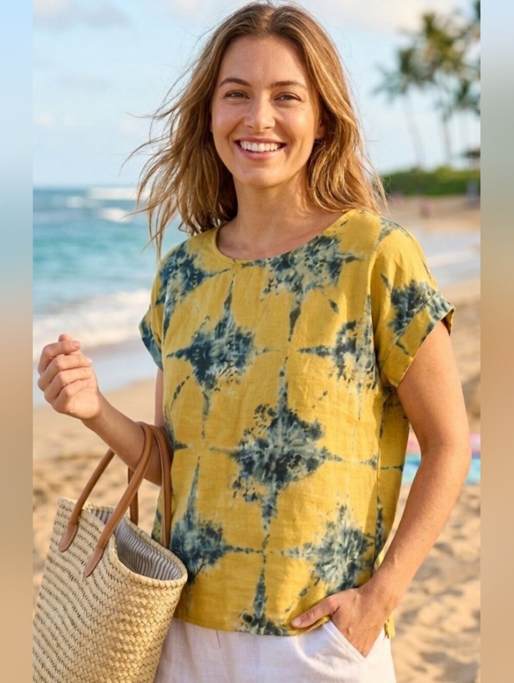 New Bellambra Linen Top Made in Italy Tie Dye Blouse sz L Mustard/Blue